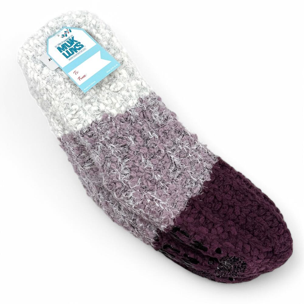 Muk Luks Purple Stripe Cabin Socks Shea Butter Infused No Slip S/M 6-8